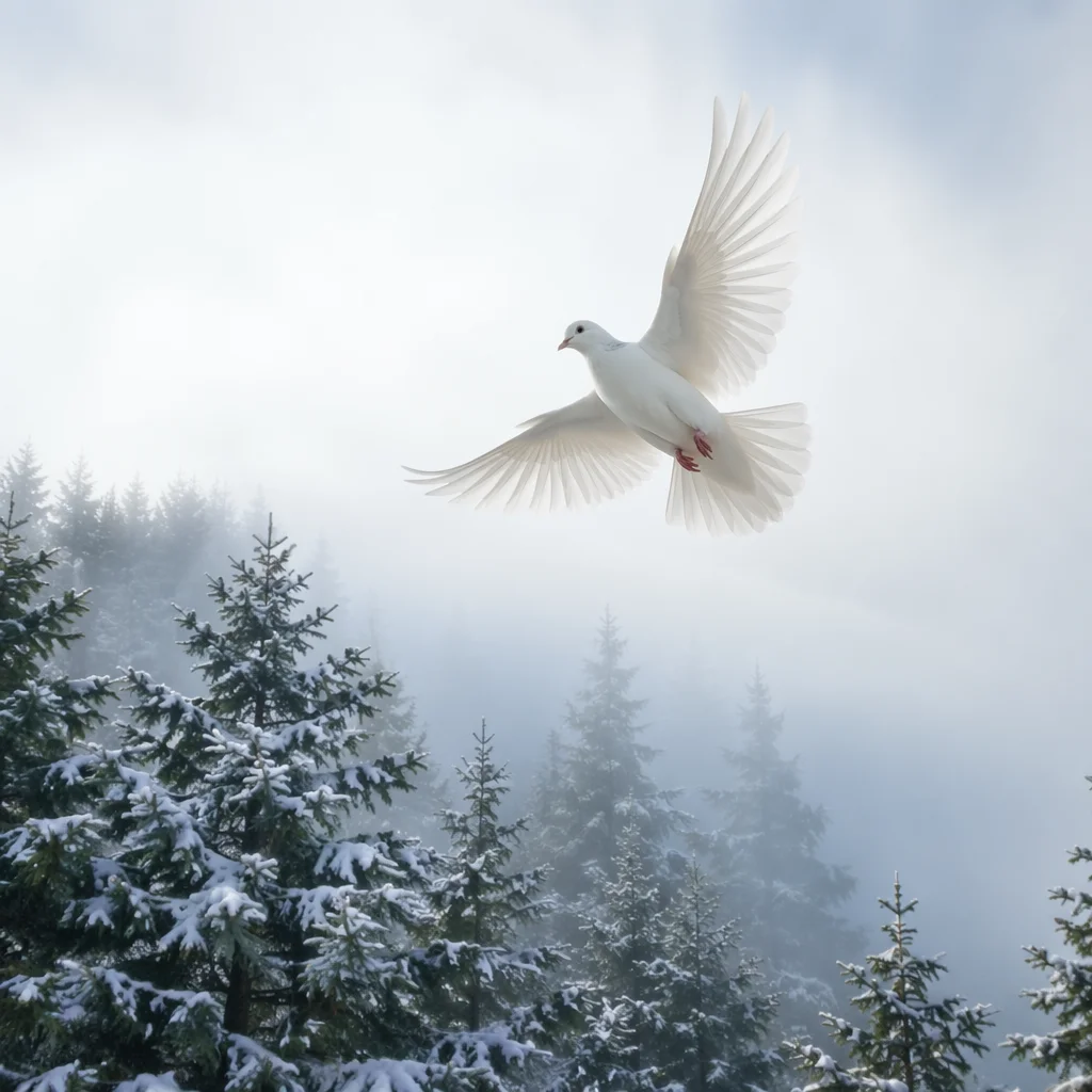 White Dove Above Snowy Evergreen Grove