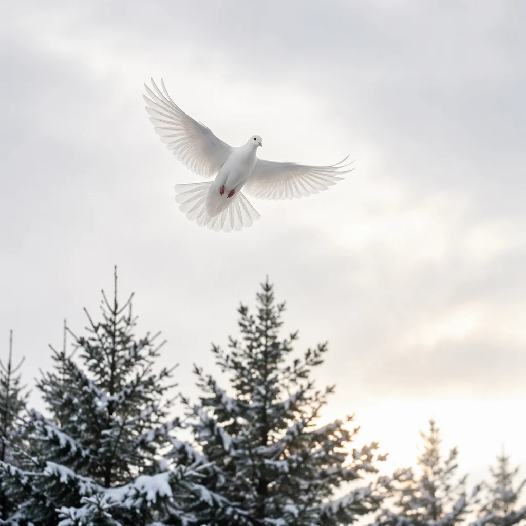 White Dove Above Snowy Evergreen Pines