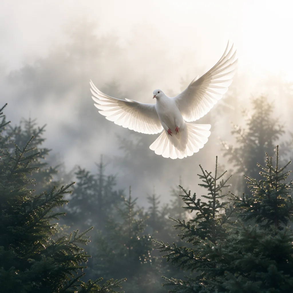 White Dove Above Evergreen Forest