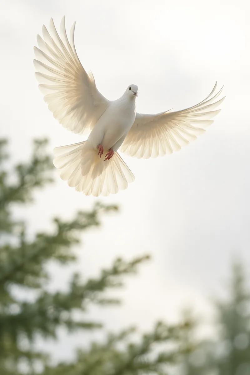 White Dove Flying Through Luminous Sky