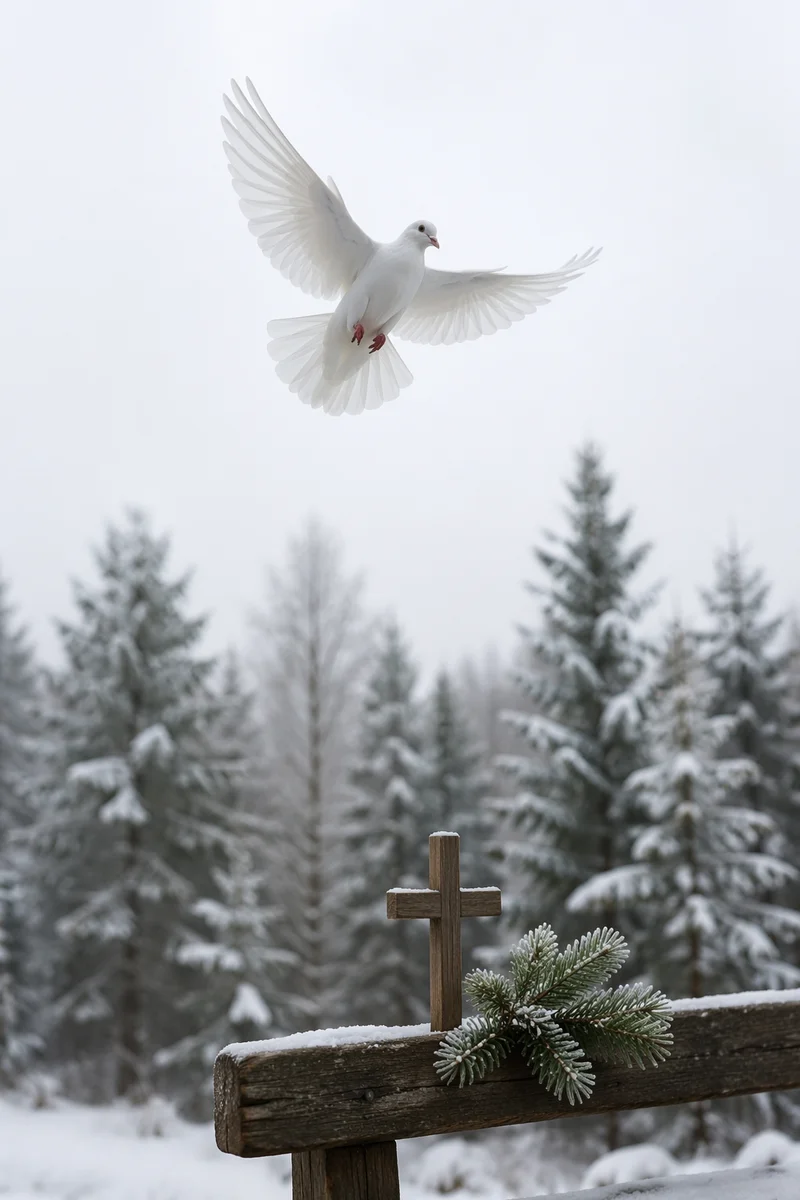 White Dove Above Frosted Evergreen Pines