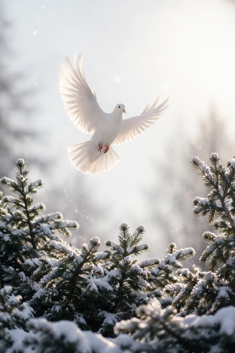 White Dove Above Snowy Evergreen Pines