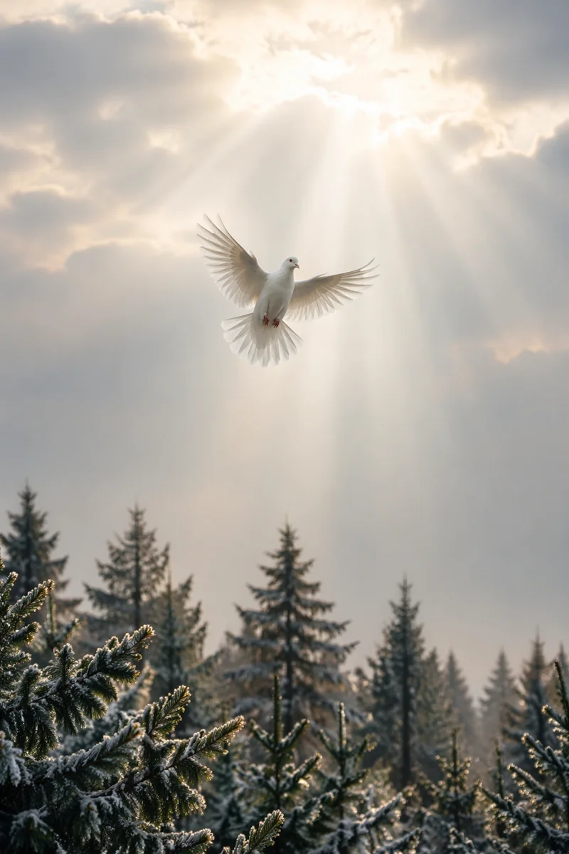 White Dove Above Evergreen Forest