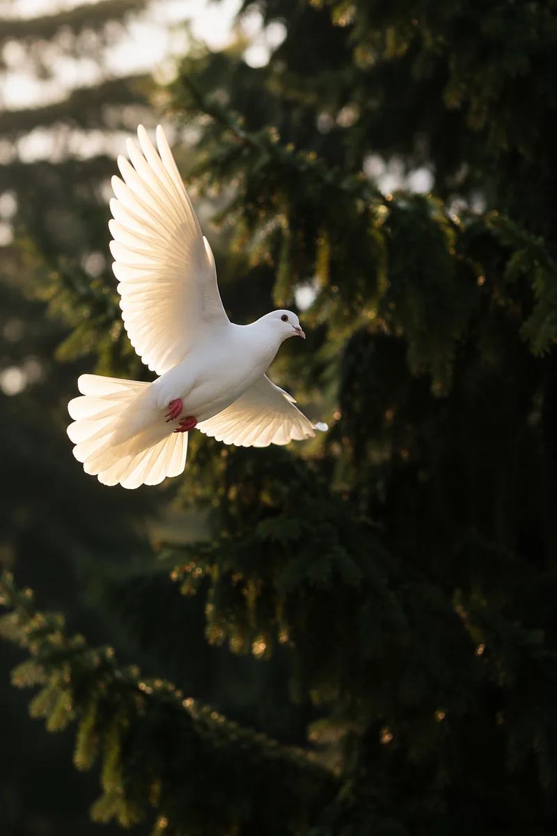 White Dove Flying Over Evergreen Forest