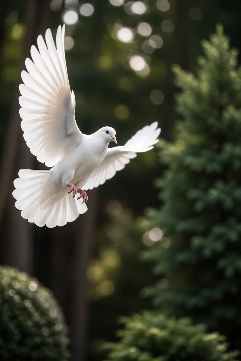 White Dove Flying Through Evergreen Light