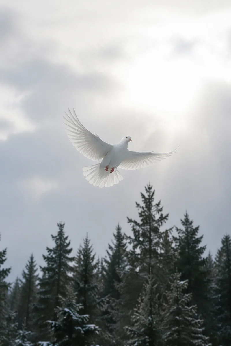 White Dove Above Evergreen Winter Sky