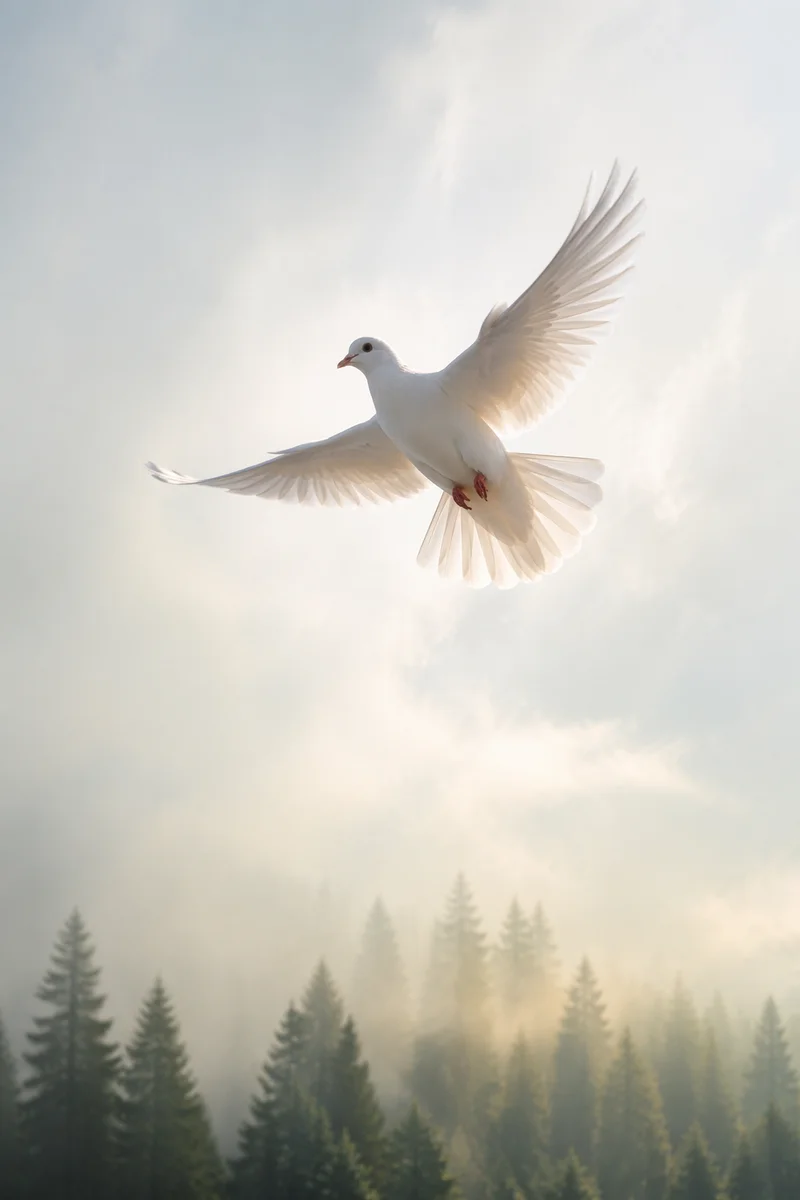 White Dove Rising Above Evergreen Mist