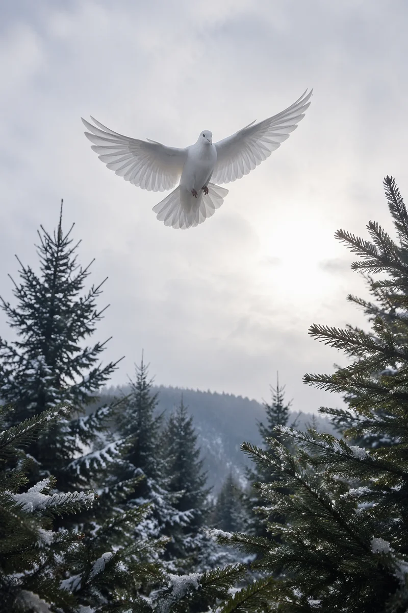 White Dove Over Evergreen Grove