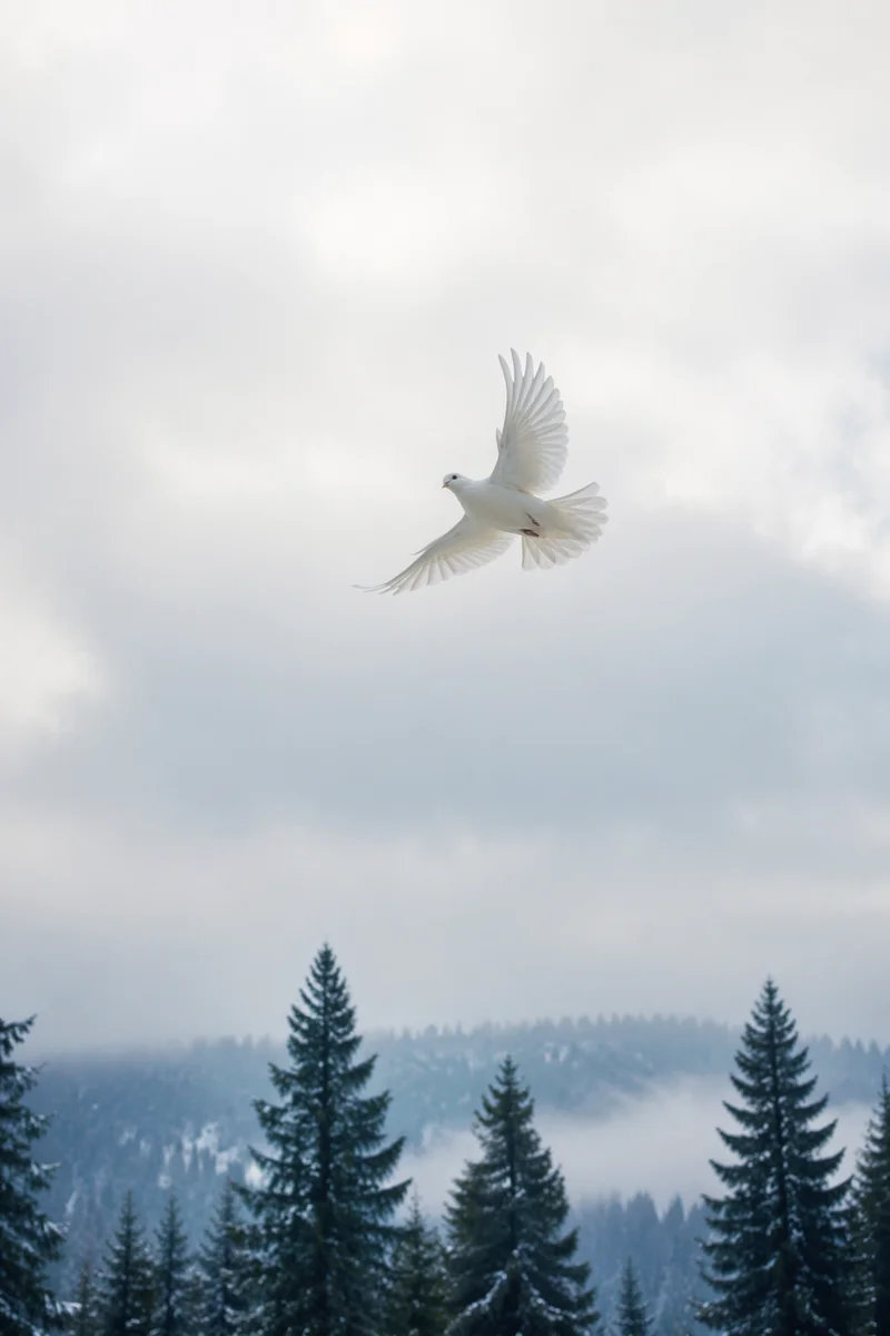 White Dove Above Evergreen Forest