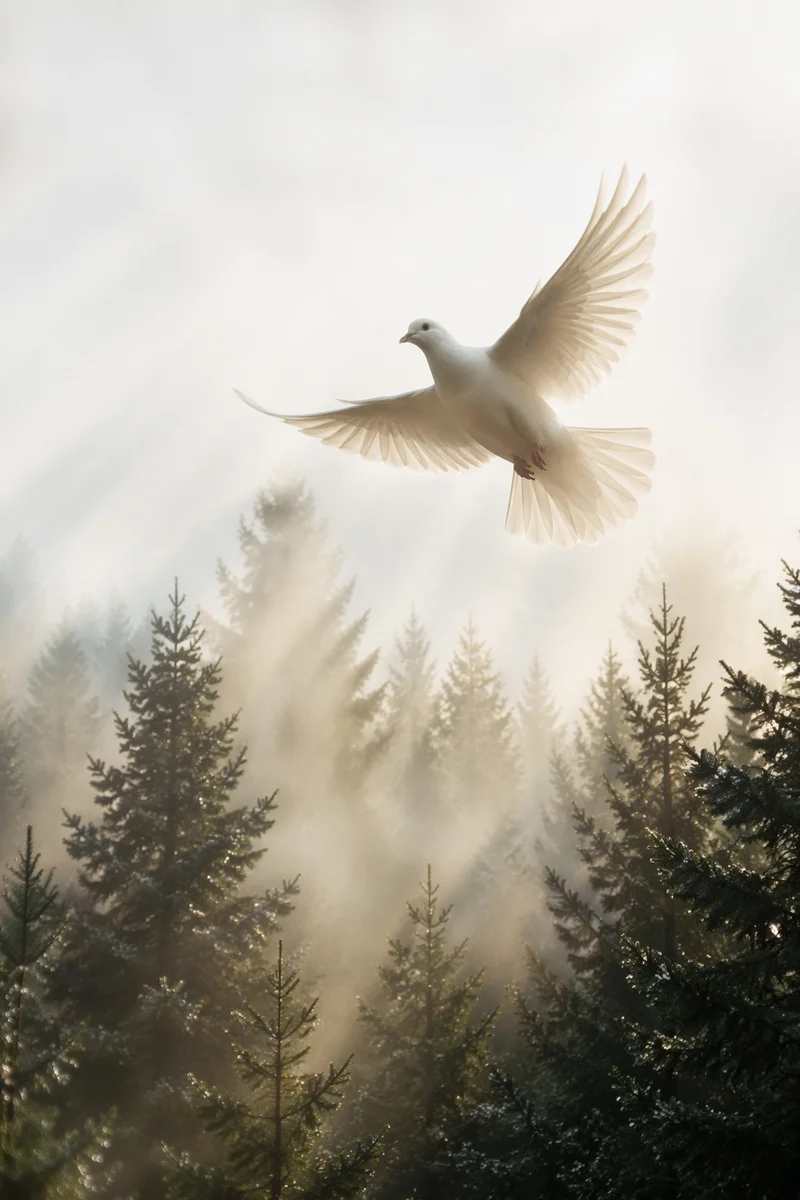 White Dove Rising Above Evergreen Forest