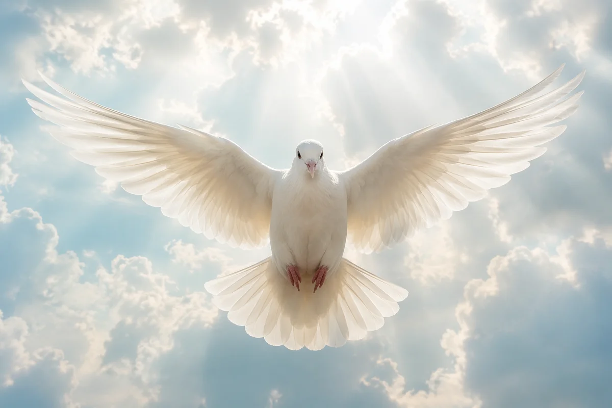 White Dove Flying Through Heavenly Clouds