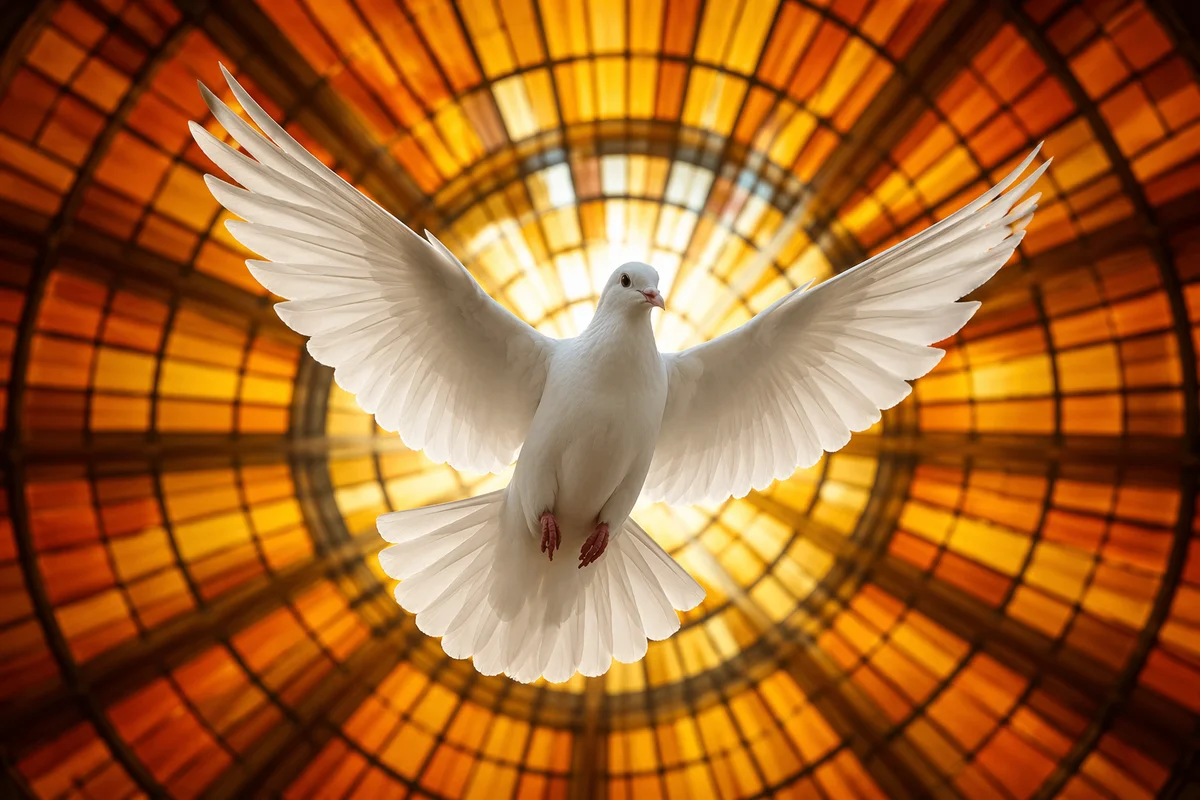 White Dove Before Golden Stained Glass Glow