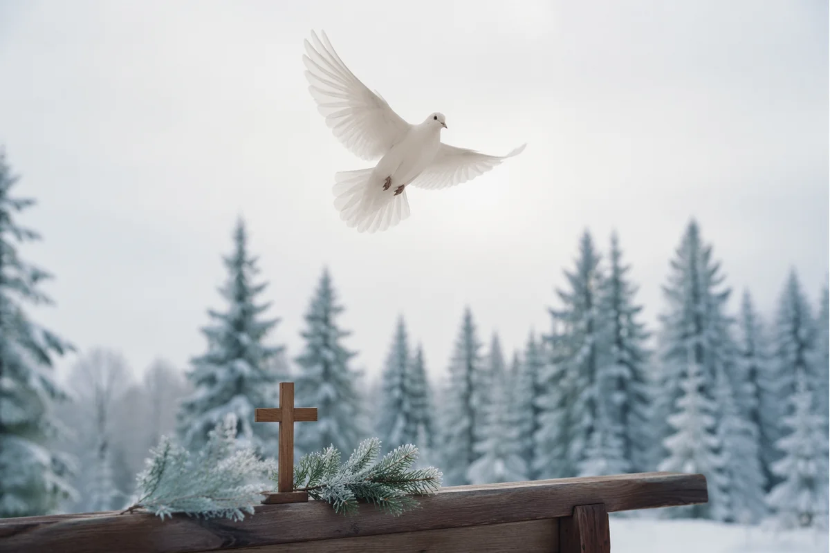 White Dove Above Winter Evergreen Pines