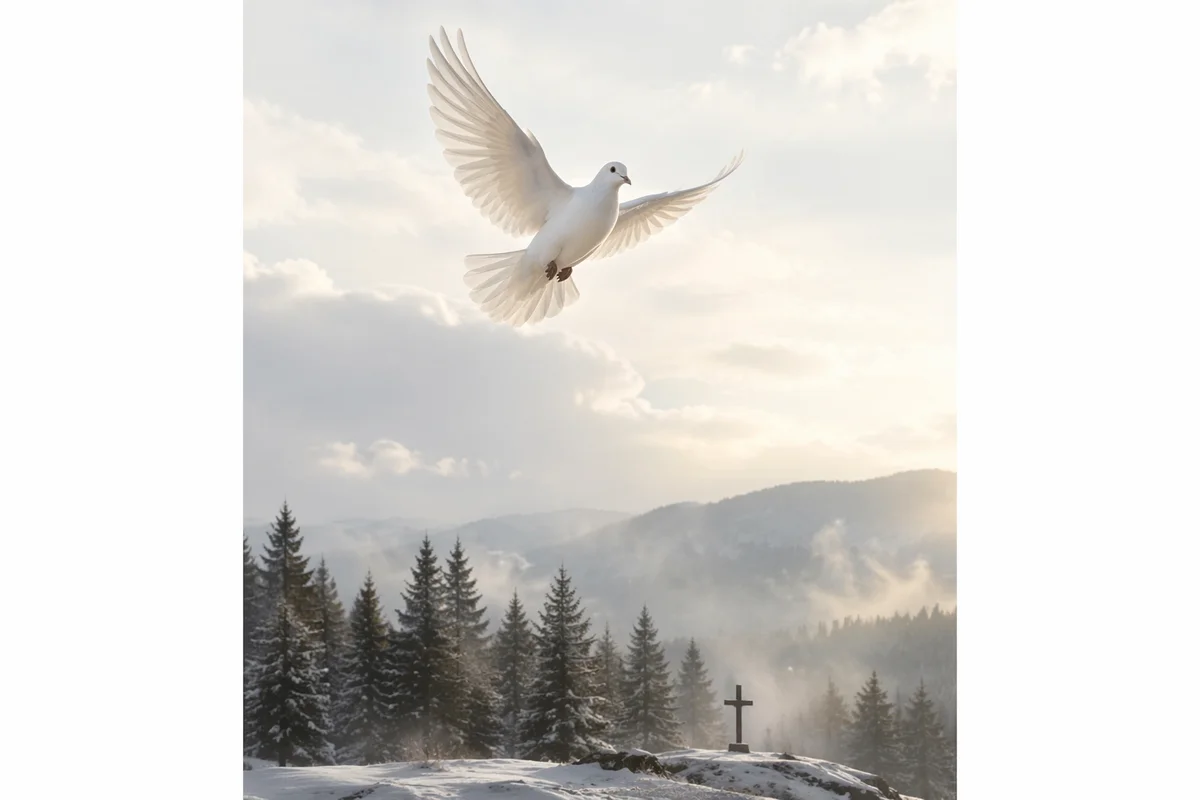 White Dove Above Evergreen Cross