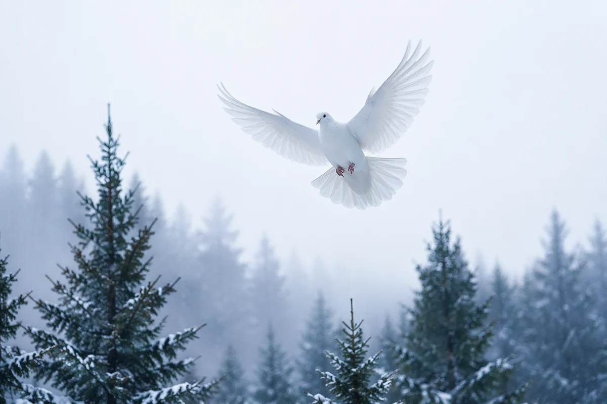 White Dove Above Snowy Evergreen Forest