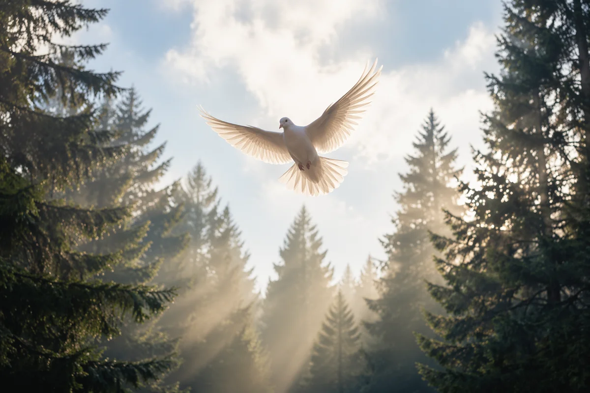 White Dove Rising Through Evergreen Light
