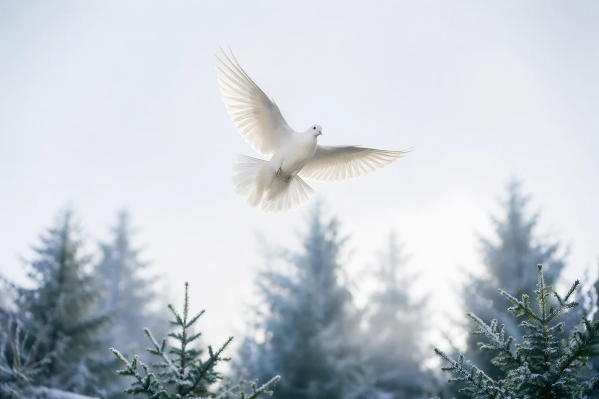White Dove Over Frosted Evergreen Sky
