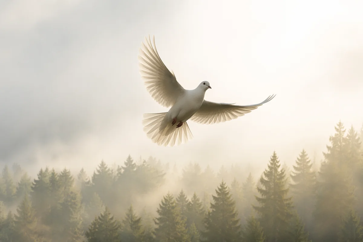 White Dove Rising Above Evergreen Mist