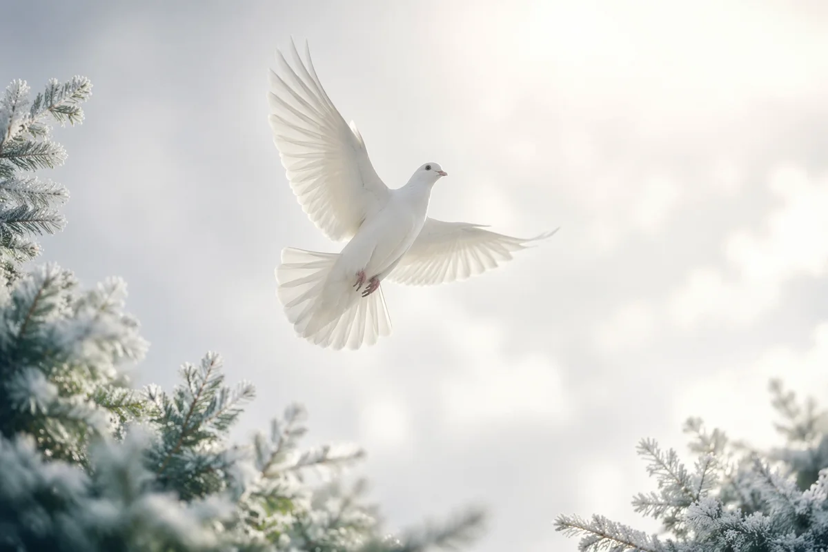 White Dove Rising Through Winter Sky