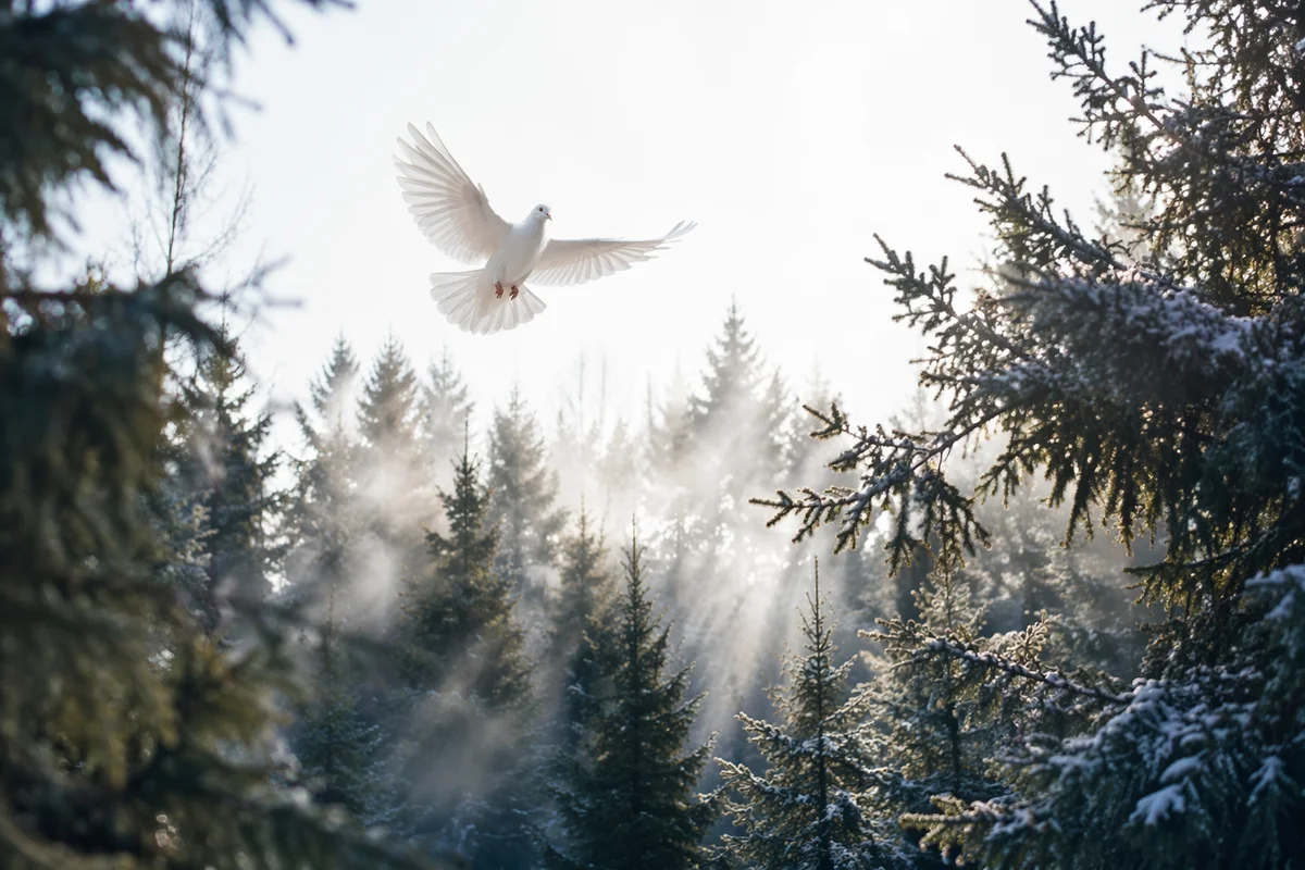 White Dove Rising Over Evergreen Forest