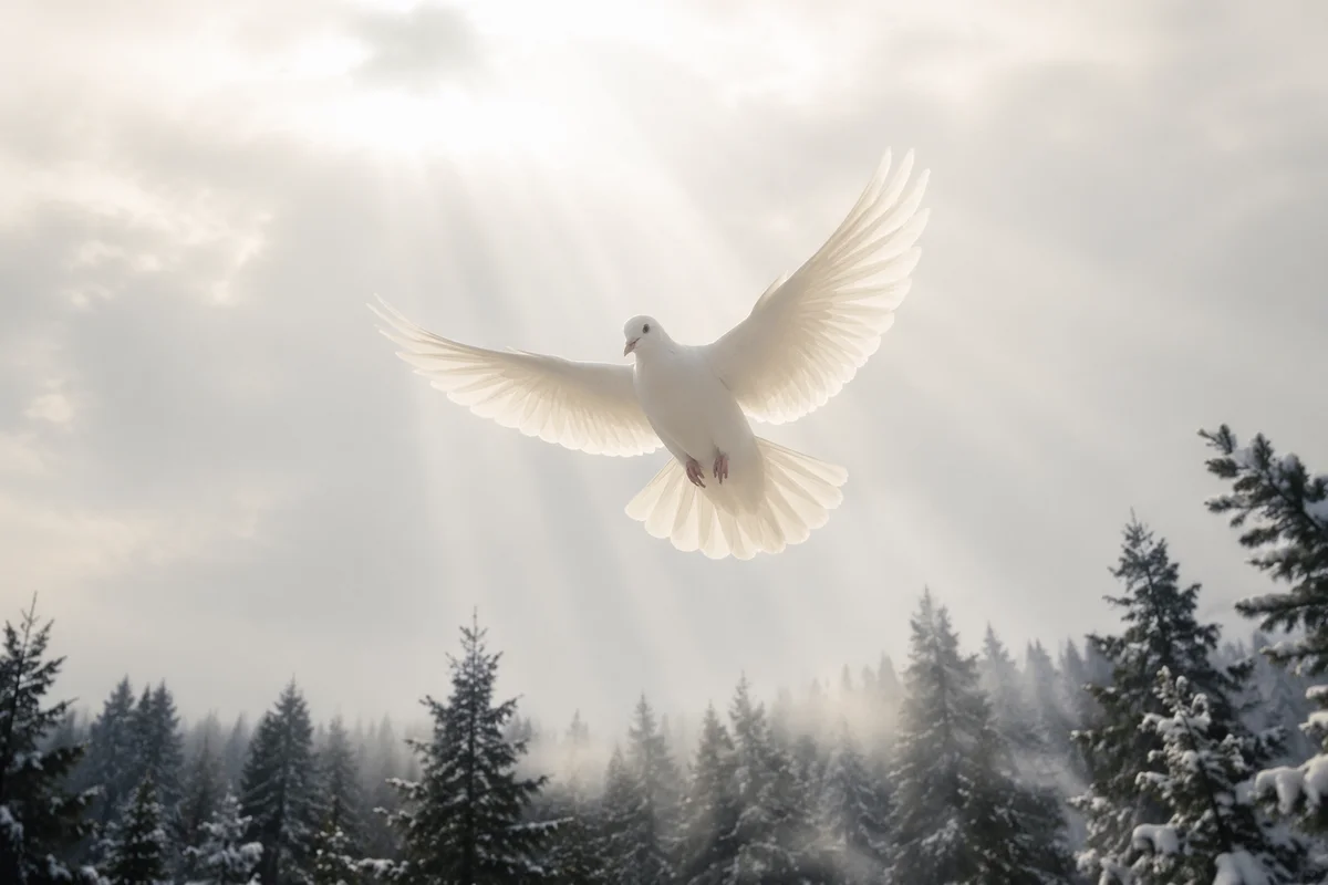 White Dove Over Snowy Evergreen Forest