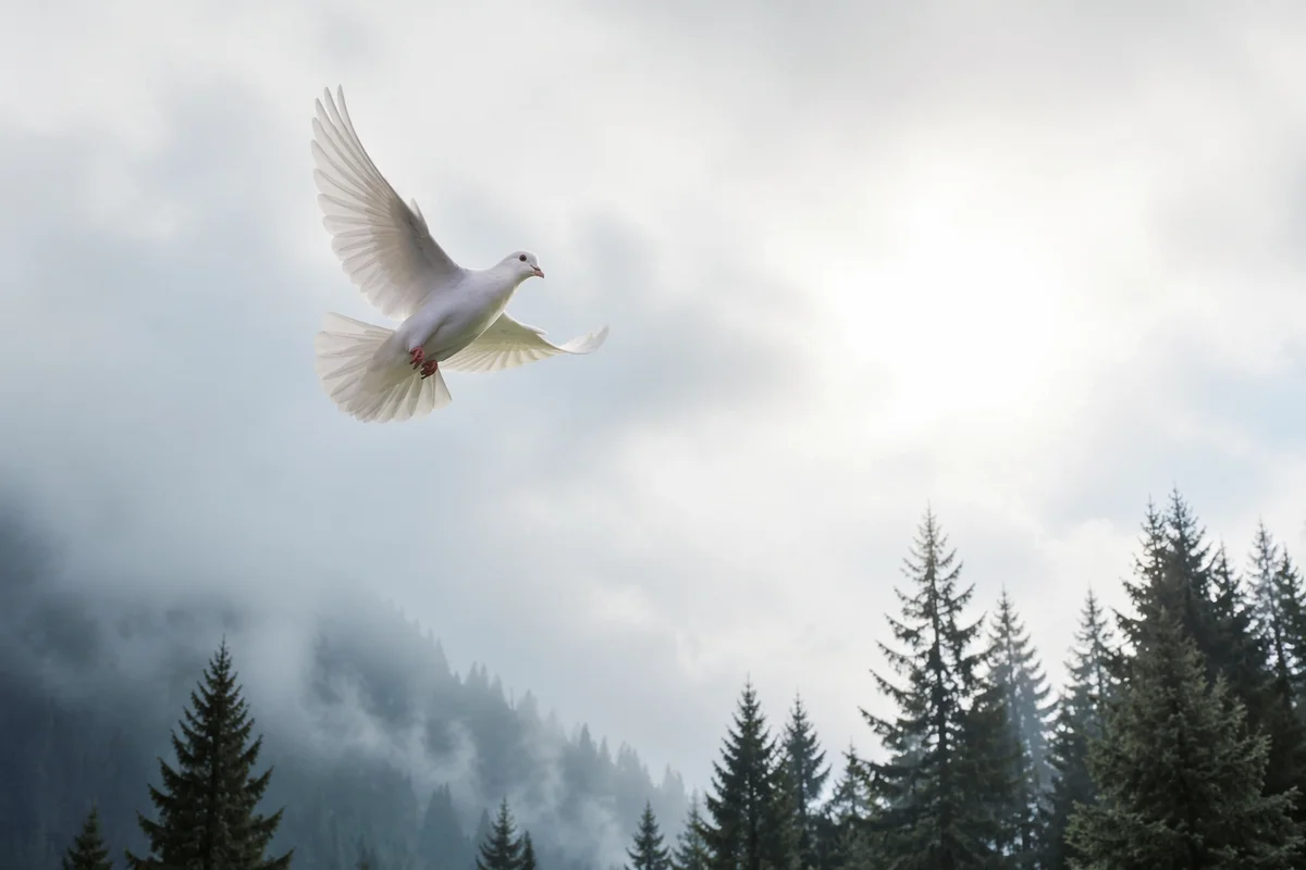 White Dove Over Evergreen Forest Sky