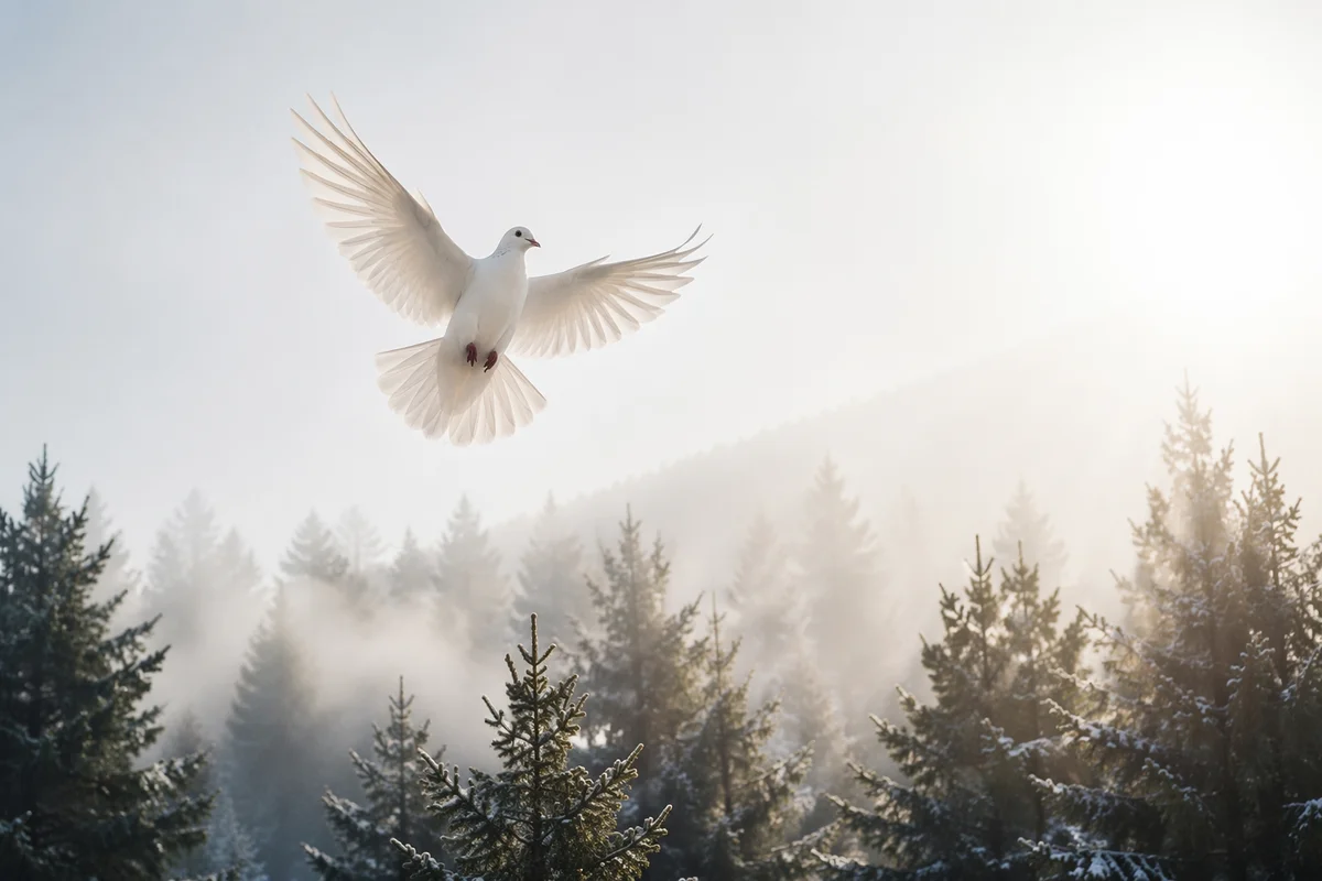 White Dove Above Evergreen Forest