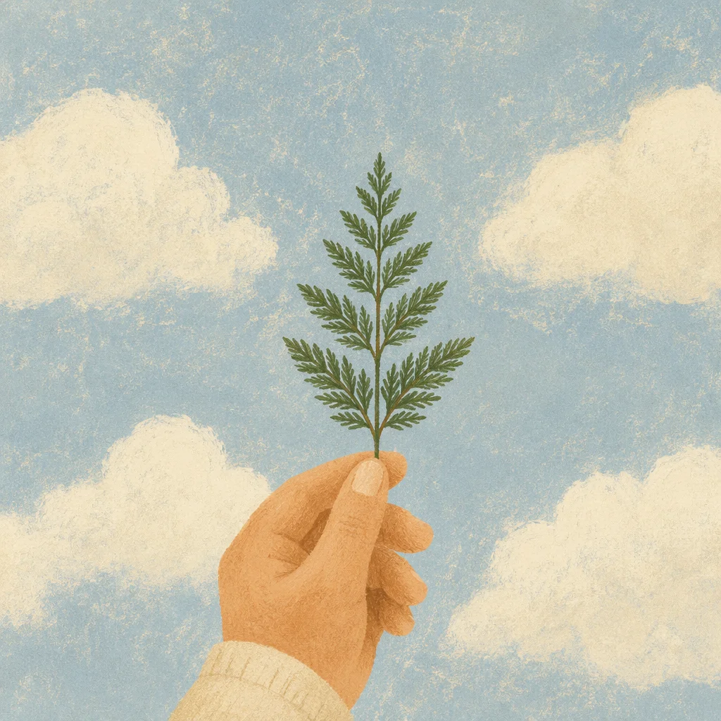 Evergreen Sprig Held Against Cloudy Sky