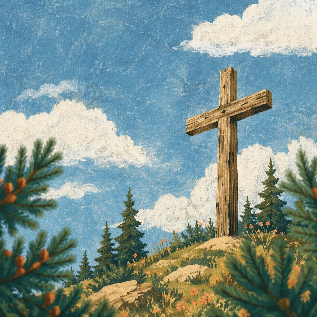 Empty Wooden Cross Under Blue Sky