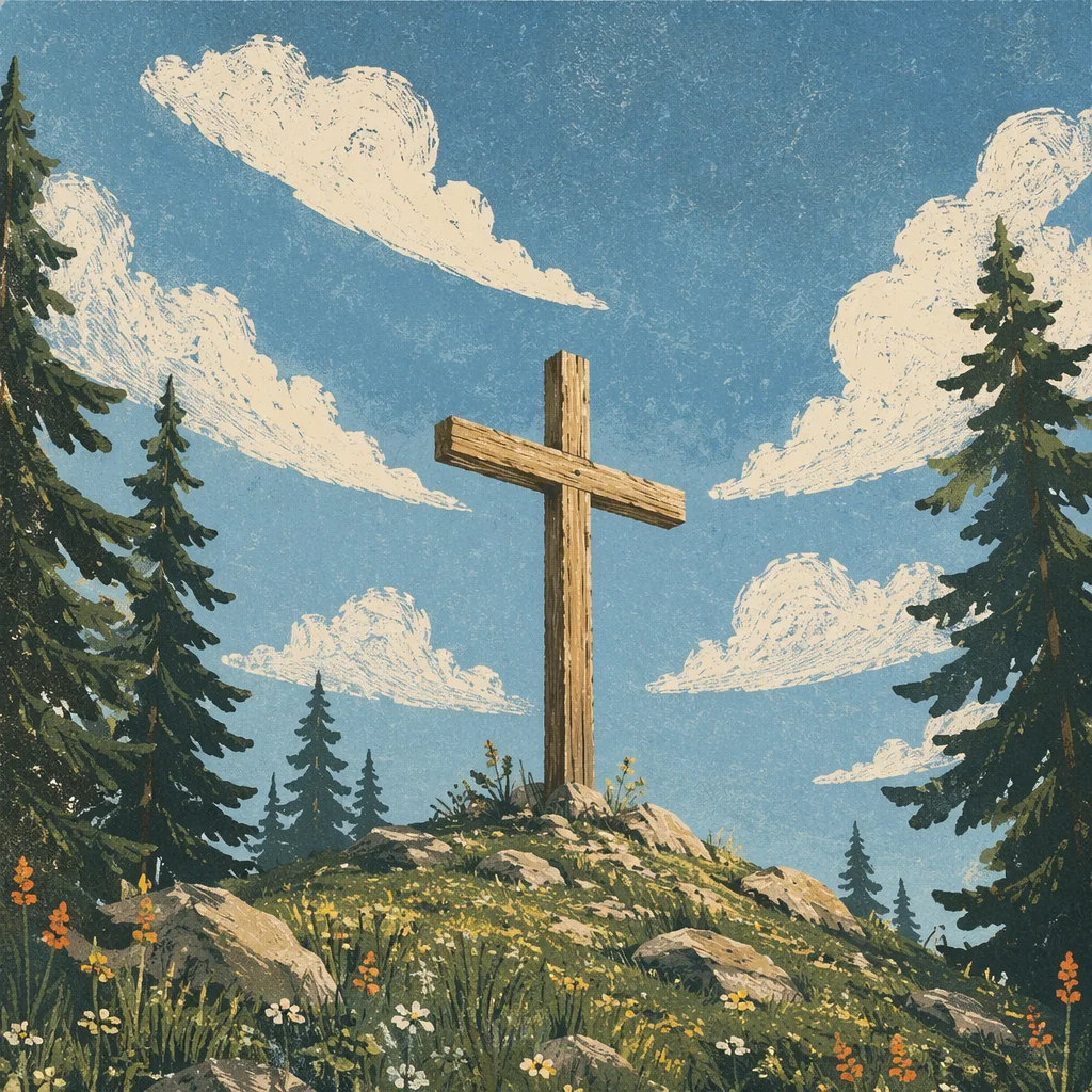 Empty Wooden Cross Beneath Blue Spring Sky