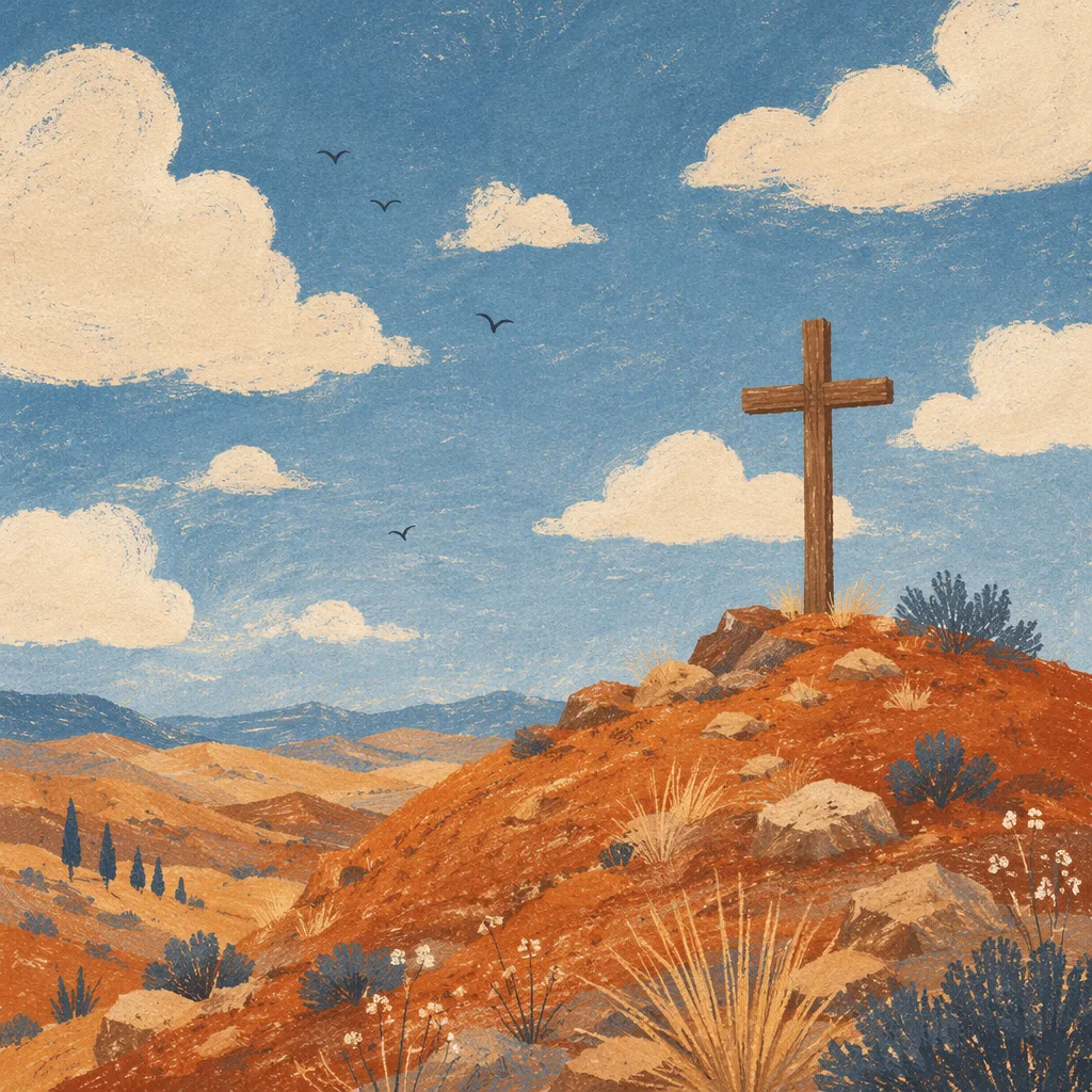 Empty Wooden Cross Beneath Bright Blue Sky