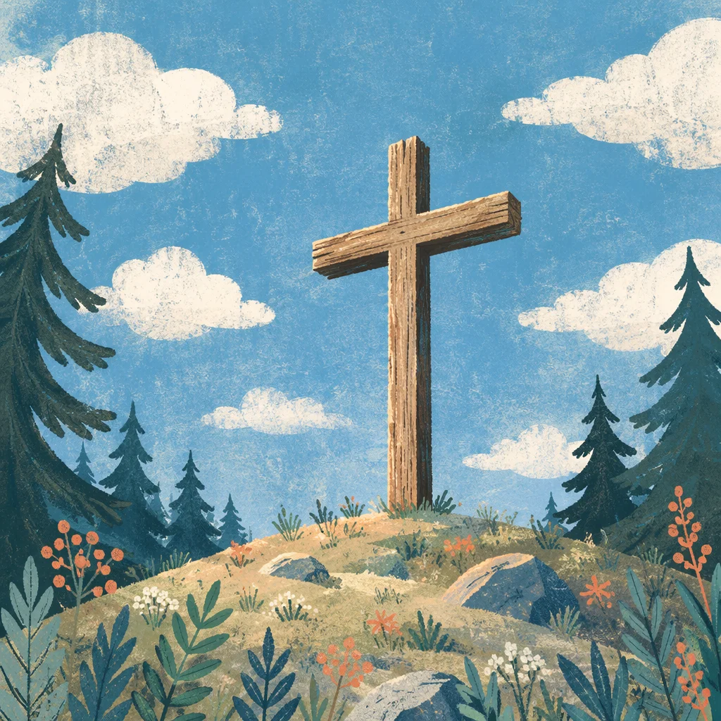 Empty Wooden Cross Beneath Blue Cloudy Sky