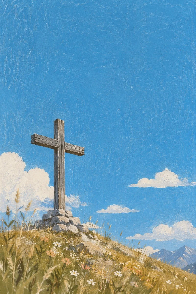 Empty Wooden Cross Under Blue Alpine Sky