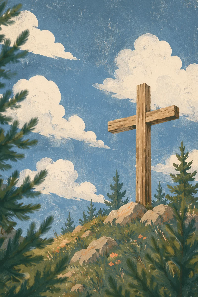 Empty Wooden Cross Under Blue Sky