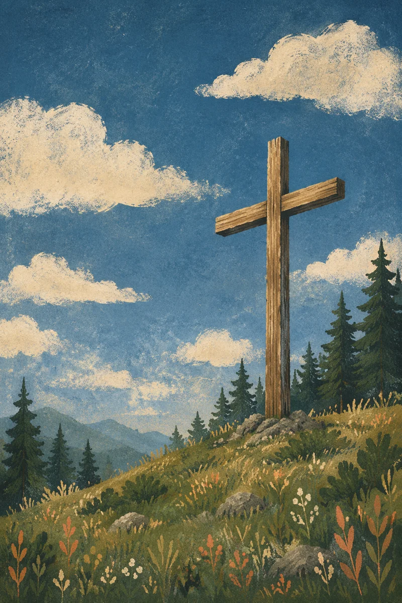 Empty Wooden Cross Beneath Blue Cloudy Sky