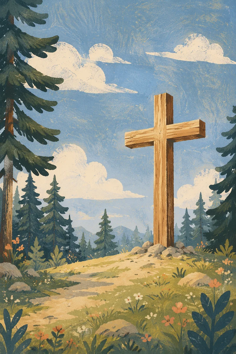 Weathered Cross Under Blue Sky Pines