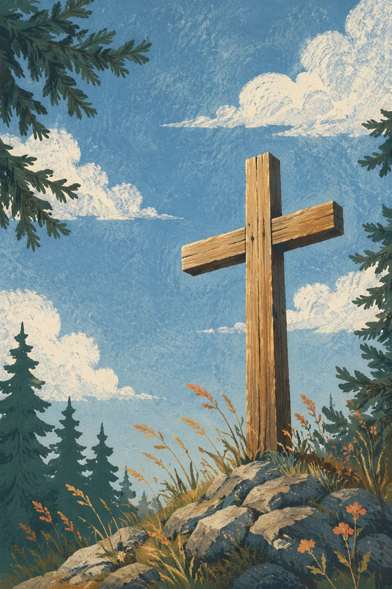 Empty Wooden Cross Beneath Blue Sky