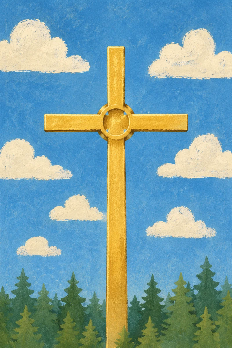 Golden Cross Beneath Blue Sky Clouds