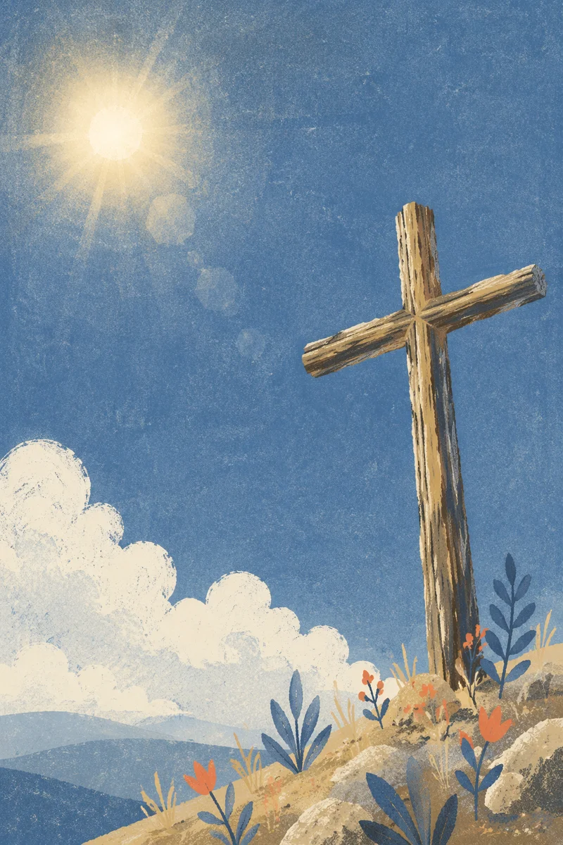 Rustic Empty Cross Against Blue Sky