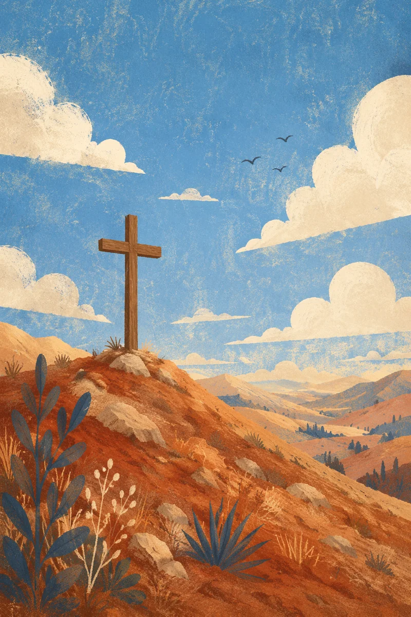 Empty Wooden Cross Beneath Bright Clouded Sky