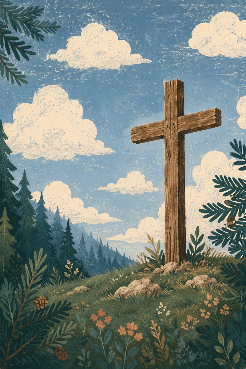 Empty Wooden Cross Beneath Blue Clouded Sky
