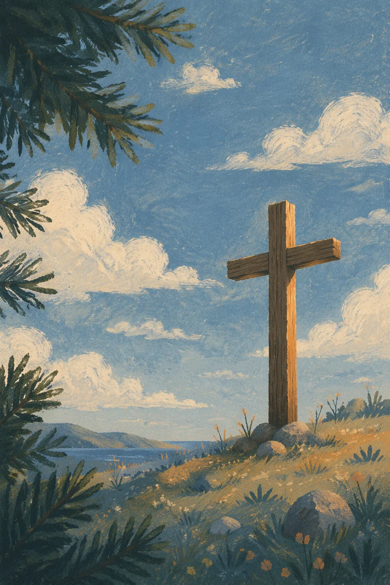 Weathered Cross Beneath Evergreen Sky
