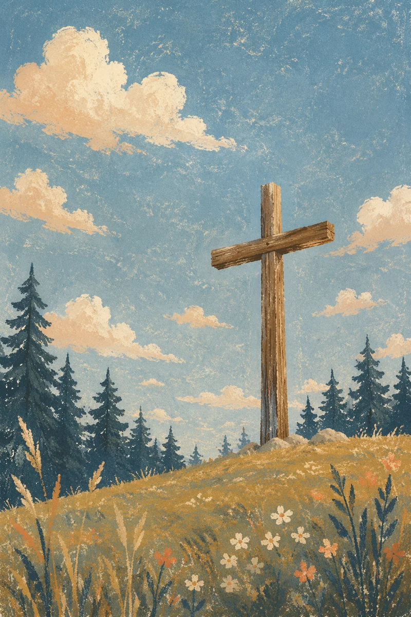 Empty Wooden Cross Under Blue Morning Sky