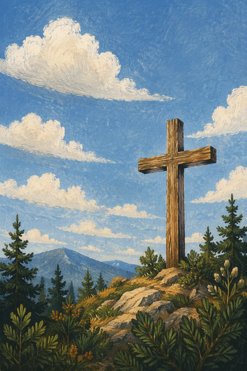 Empty Wooden Cross Under Blue Clouded Sky