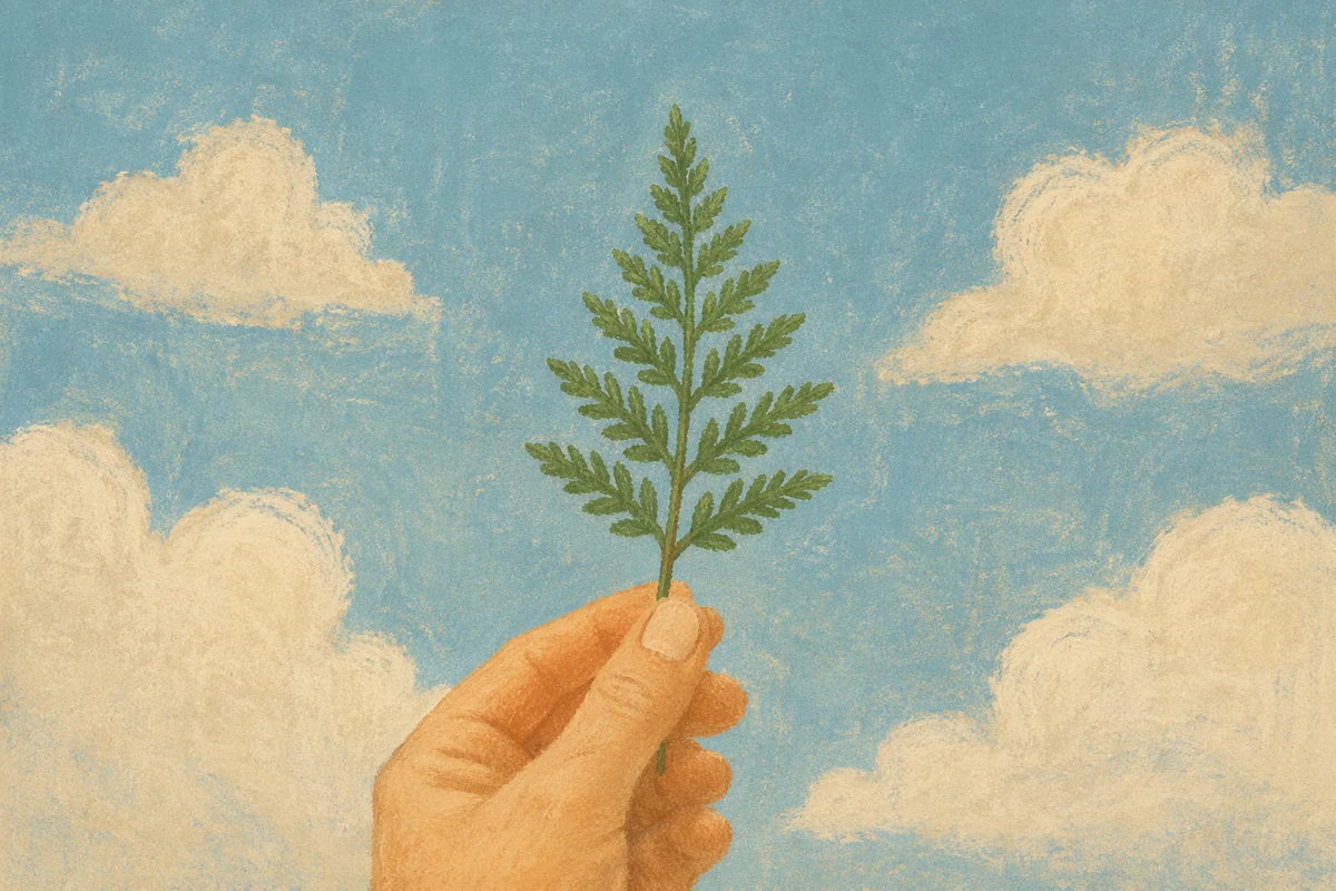 Evergreen Sprig Held Against Cloudy Blue Sky