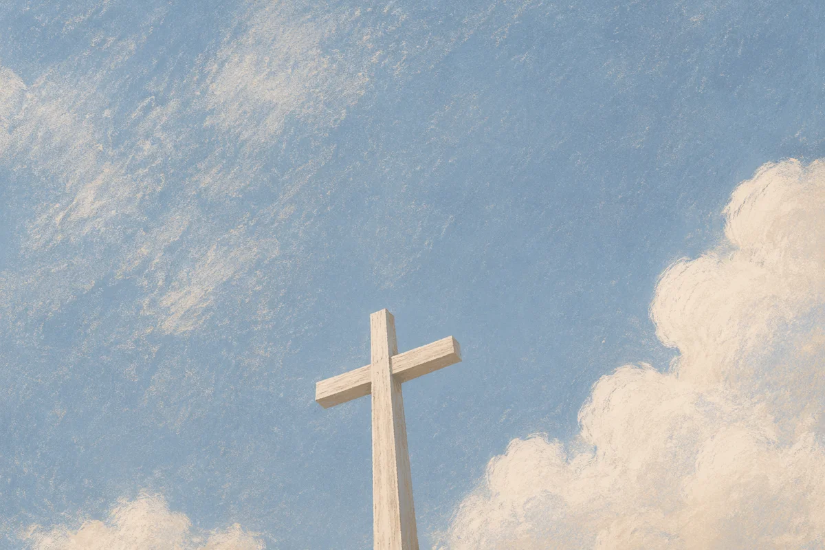 Pale Wooden Cross Beneath Blue Sky