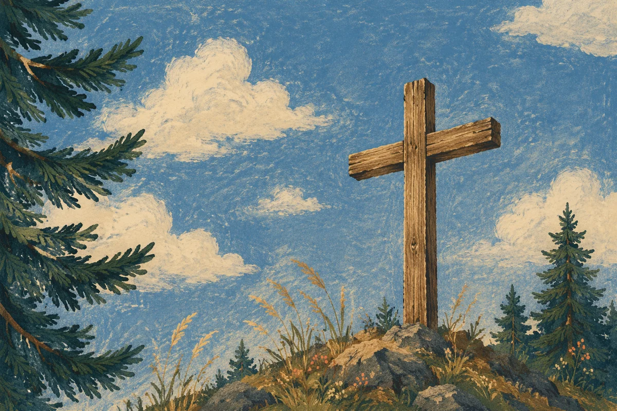Weathered Empty Cross Beneath Blue Sky