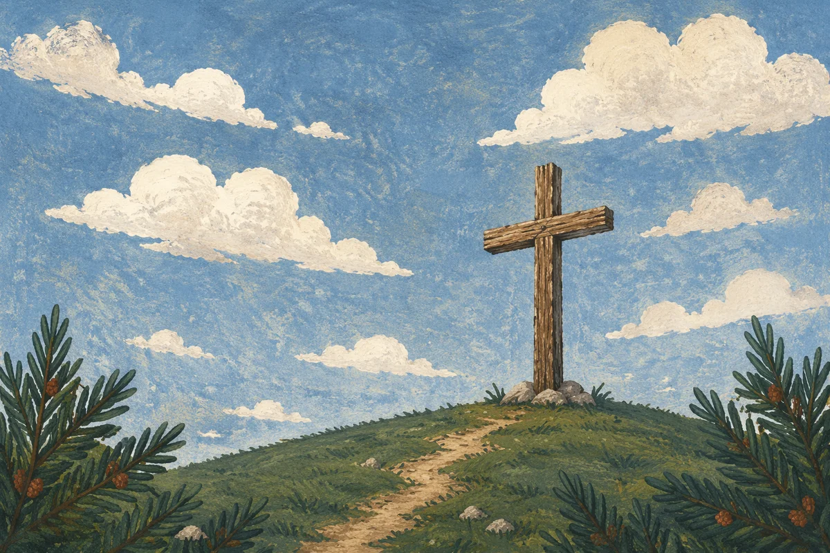 Wooden Cross Beneath Blue Clouded Sky