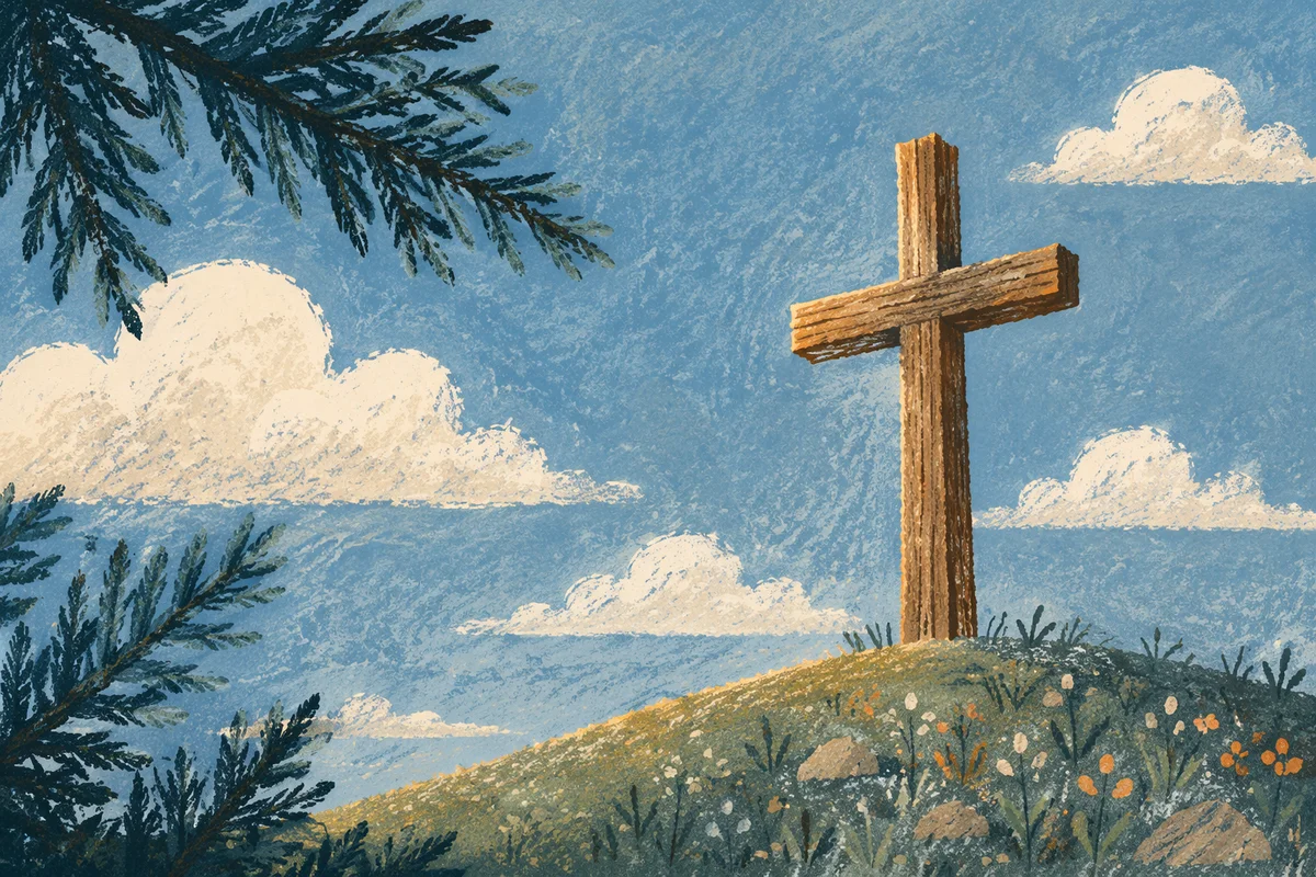 Weathered Cross Beneath Evergreen Sky
