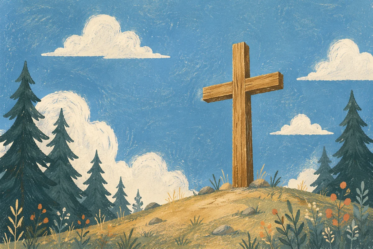 Empty Wooden Cross Beneath Blue Cloudy Sky